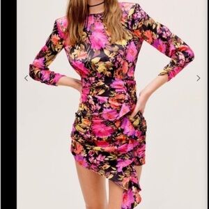 For Love and Lemons Dakota Black Floral Satin Long Sleeves Ruffle Dress Sz XXS